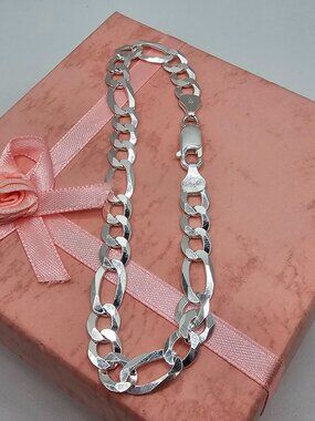 Sterling Silver 925 High Polished Super Flat Figaro Bracelet 6.8mm 8 inches